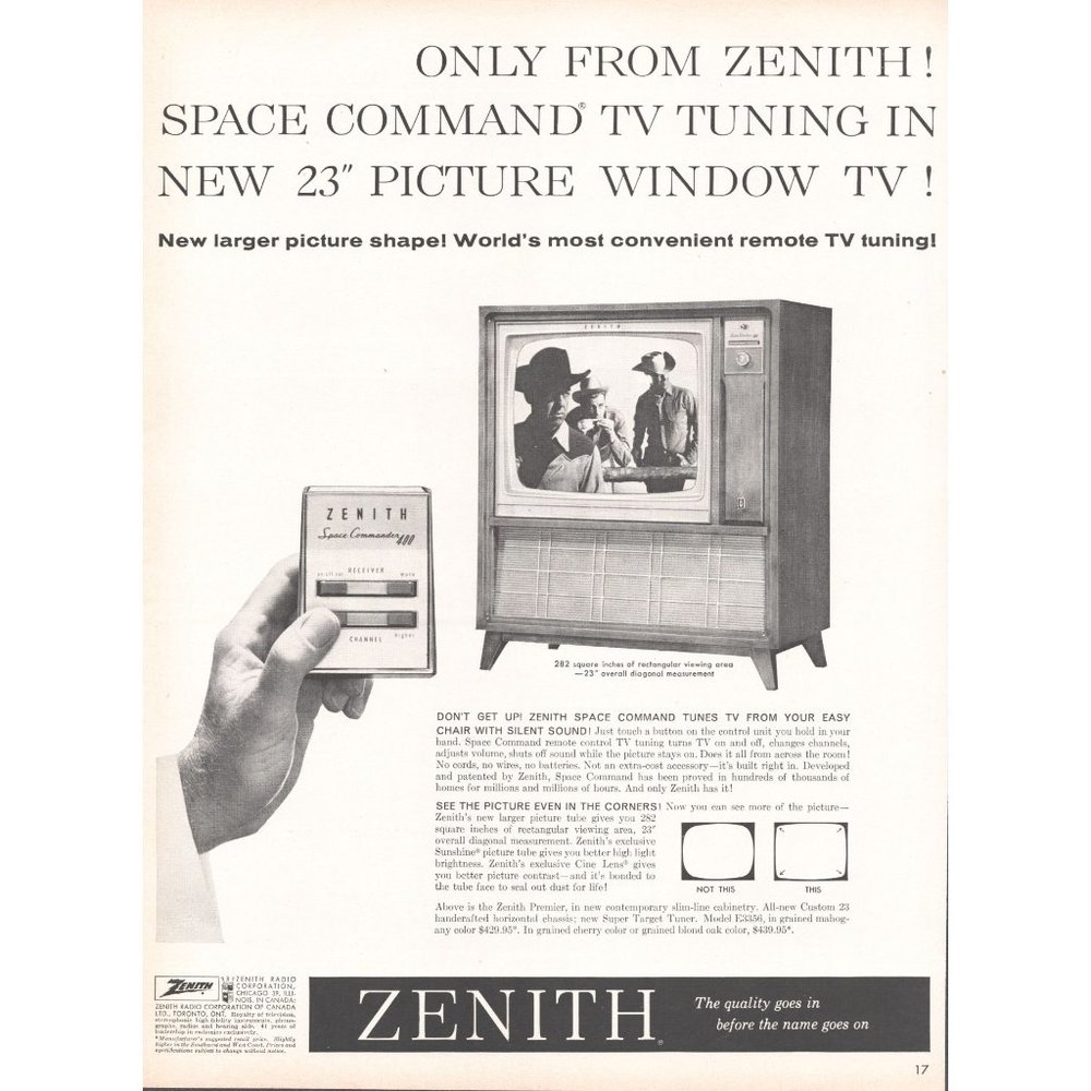 1960 Zenith Space Command Remote Television Vintage Print Ad TV On Wall Art 60s